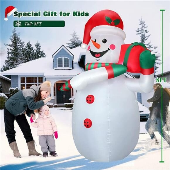 8FT Inflatables Snowman with Built-in Bright LED Lights, with Hat & Gift Box - Picture 2 of 6